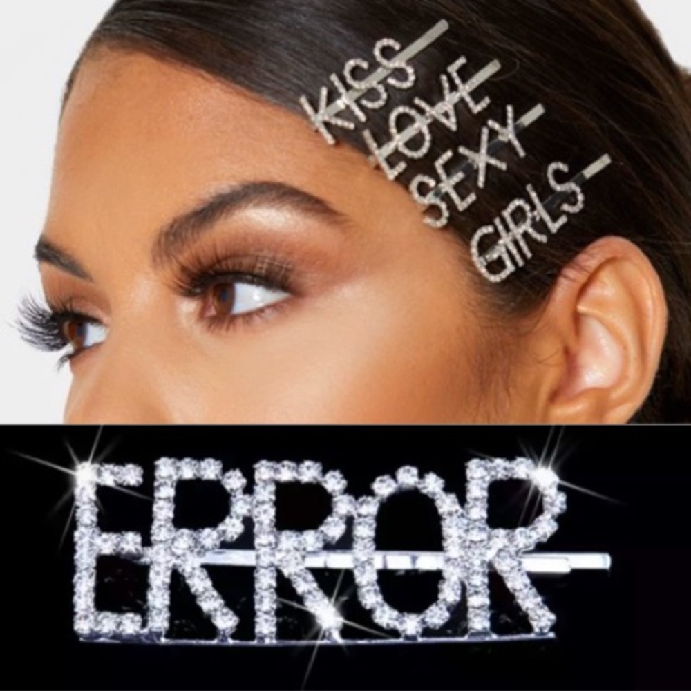 Error / Word Rhinestone Silver Hair Bobby Pin